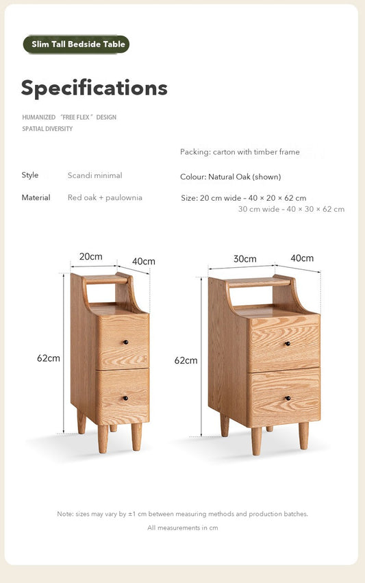Slim Tall Bedside Table – Red Oak