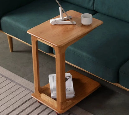 C-Shape Rolling Side Table – Cherry Wood