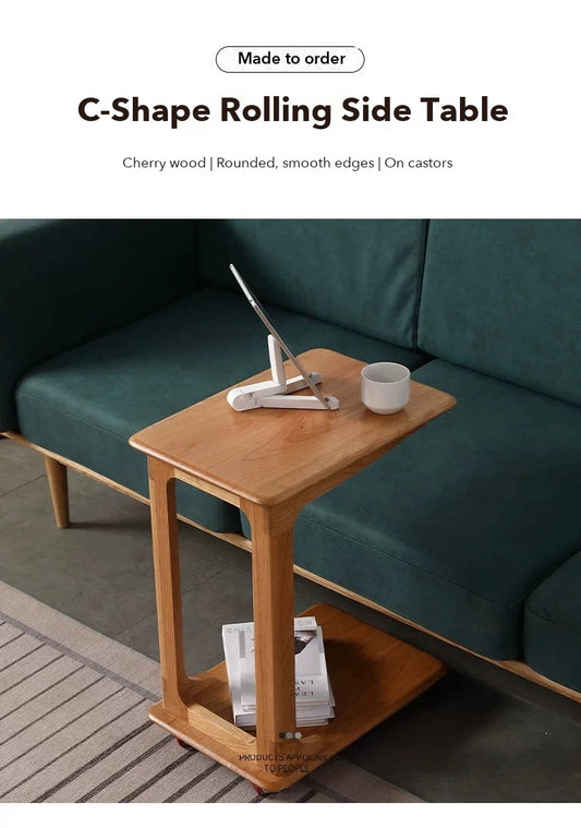 C-Shape Rolling Side Table – Cherry Wood