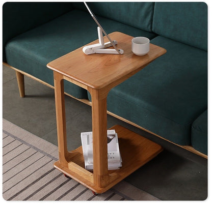 C-Shape Rolling Side Table – Cherry Wood