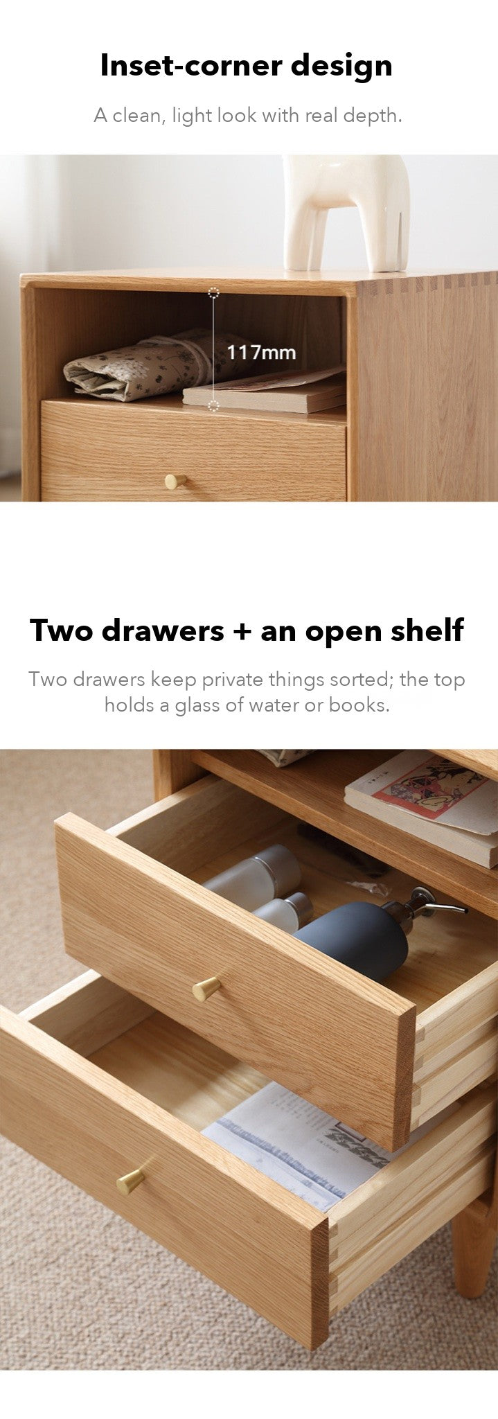 Nook Bedside Table with Shelf – Solid Oak