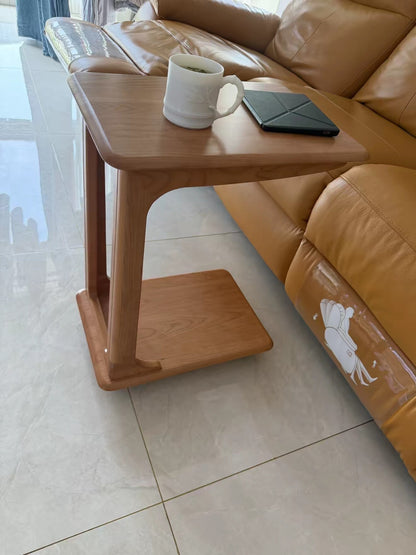 C-Shape Rolling Side Table – Cherry Wood