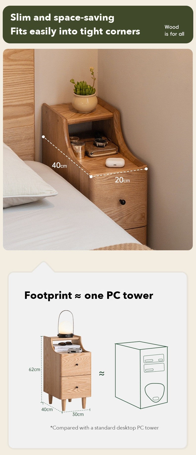 Slim Tall Bedside Table – Red Oak