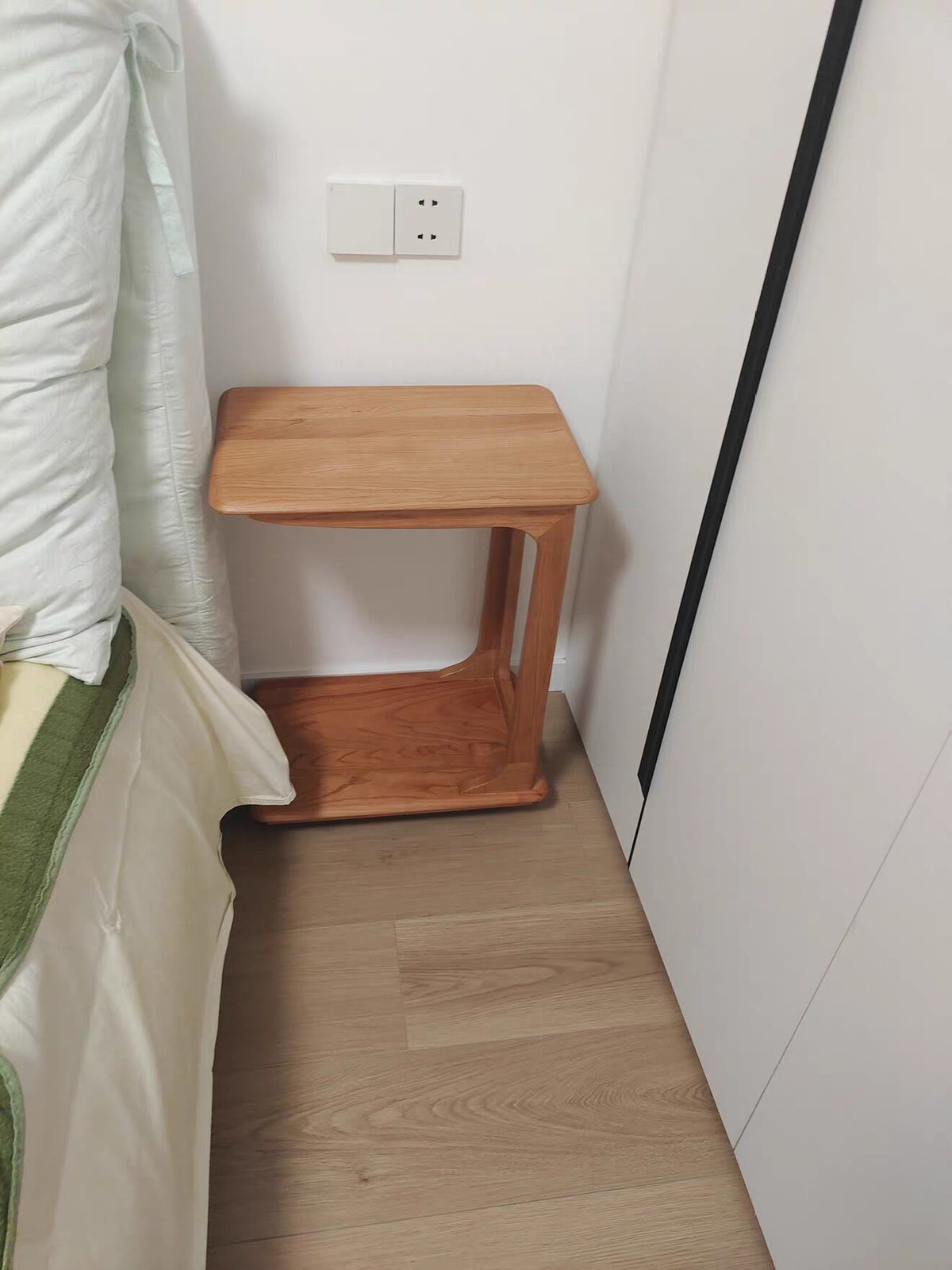 C-Shape Rolling Side Table – Cherry Wood