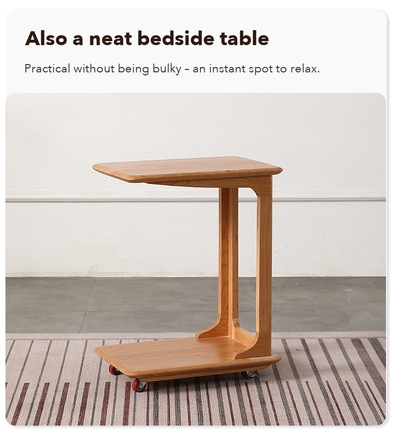 C-Shape Rolling Side Table – Cherry Wood