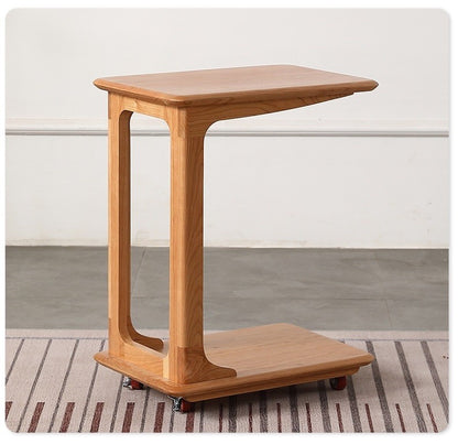 C-Shape Rolling Side Table – Cherry Wood