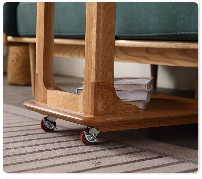 C-Shape Rolling Side Table – Cherry Wood