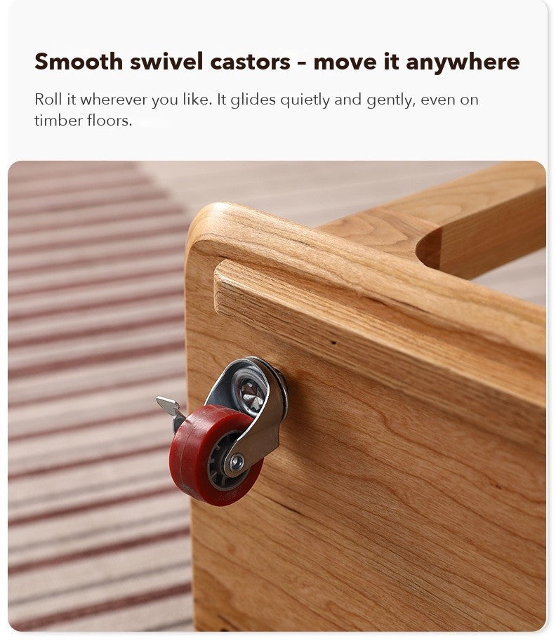 C-Shape Rolling Side Table – Cherry Wood