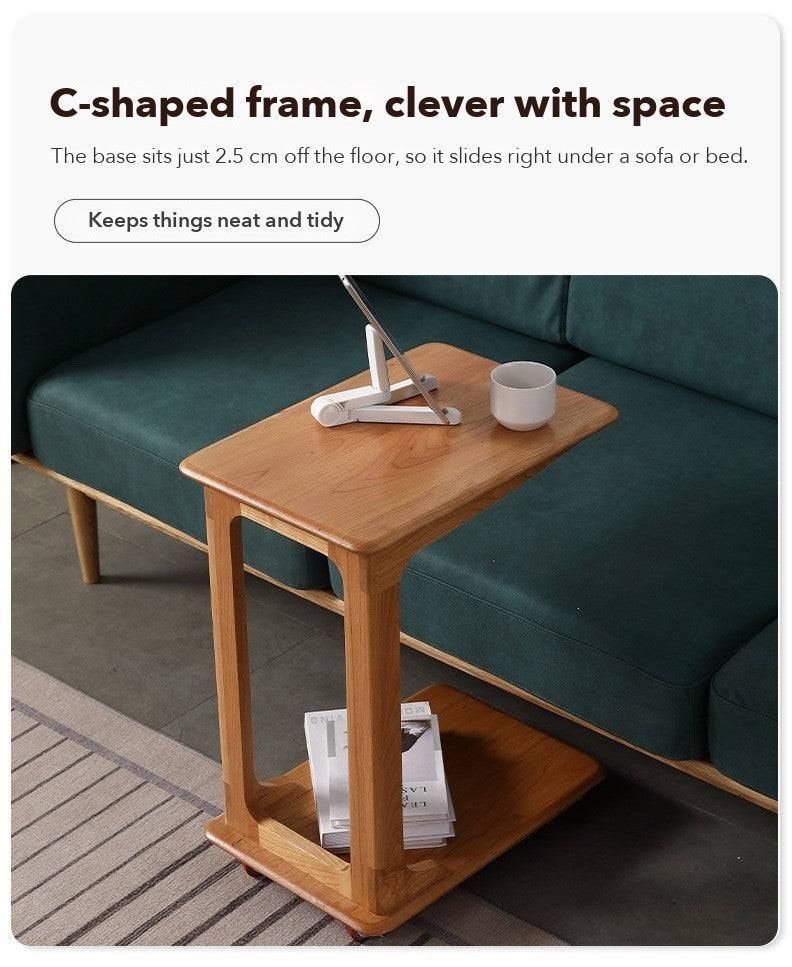 C-Shape Rolling Side Table – Cherry Wood