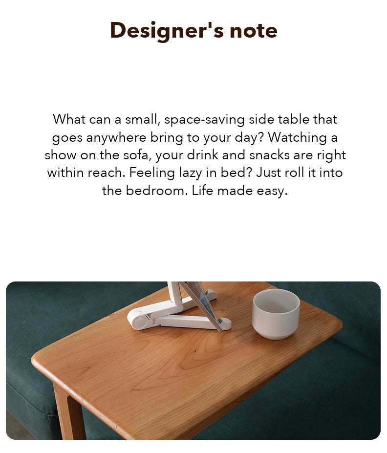 C-Shape Rolling Side Table – Cherry Wood