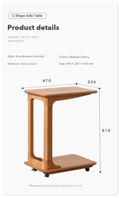 C-Shape Rolling Side Table – Cherry Wood